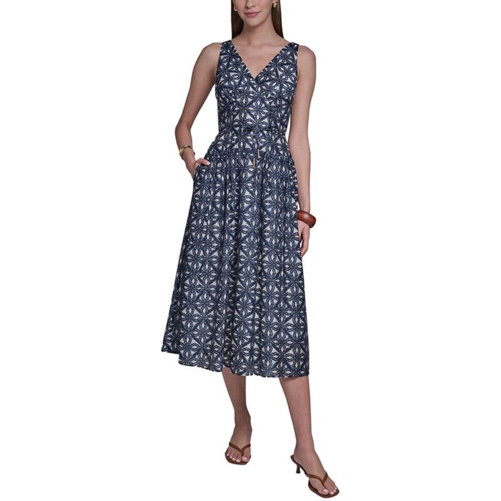 Halston Womens Sleeveless V-Neck Printed Linen-Blend Sundress